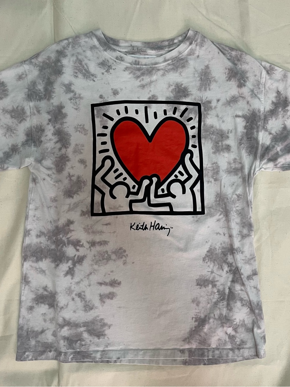 Kids Short Sleeve Graphic Tee with Red Heart on Gray Tie-Dye